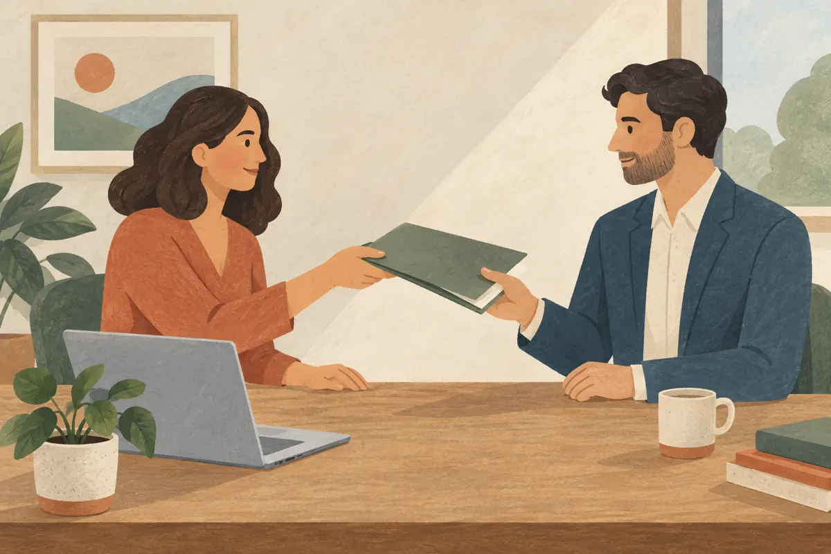 Ilustracja współpracowników przekazujących dokumenty przed urlopem.